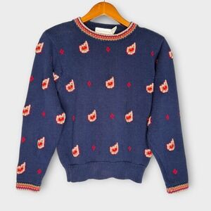 Vintage Hand Knit Paisley Fall Cotton Sweater Robert Scott Navy Red Artsy Large